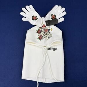 NWT Ed Hardy Knit Hat & Gloves Set Love Kills Slowly White Knit Beanie Ski Y2K